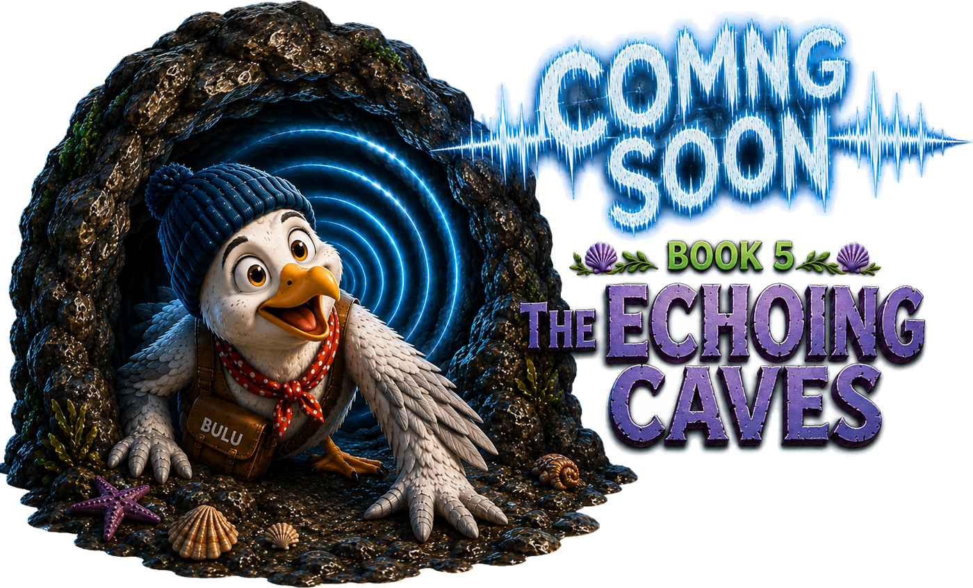 Bulu emerging from an echoing cave with waveform-style Coming Soon lettering for Book 5, The Echoing Caves