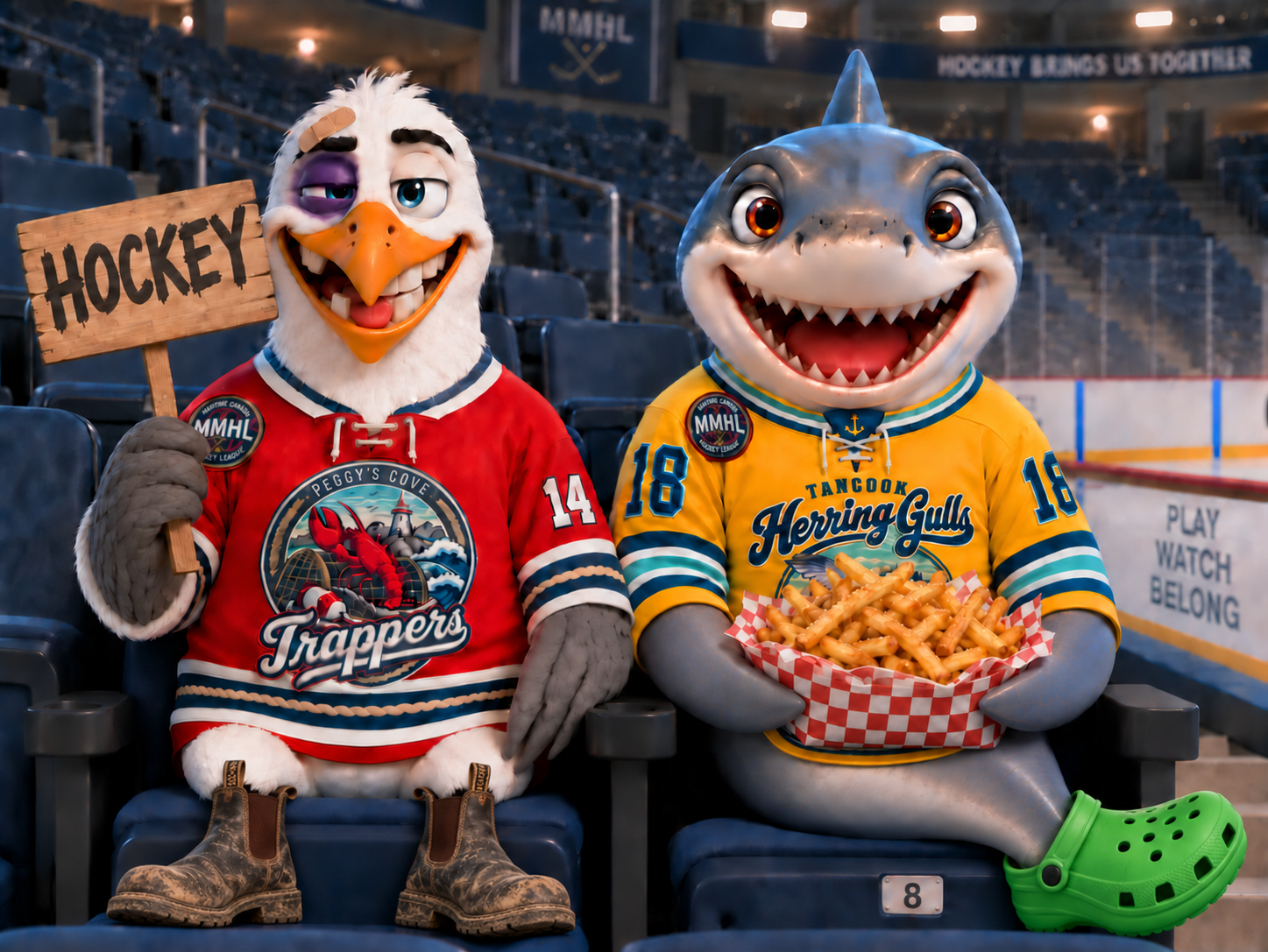 A playful Millie Mollusk Hockey League scene at a hockey rink